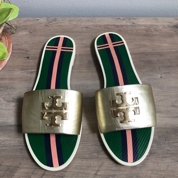 Tory Burch Logo Gold Leather Slide Sandals